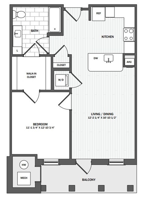 Floor plan for 1 bed, 1 bath, 763 sqft